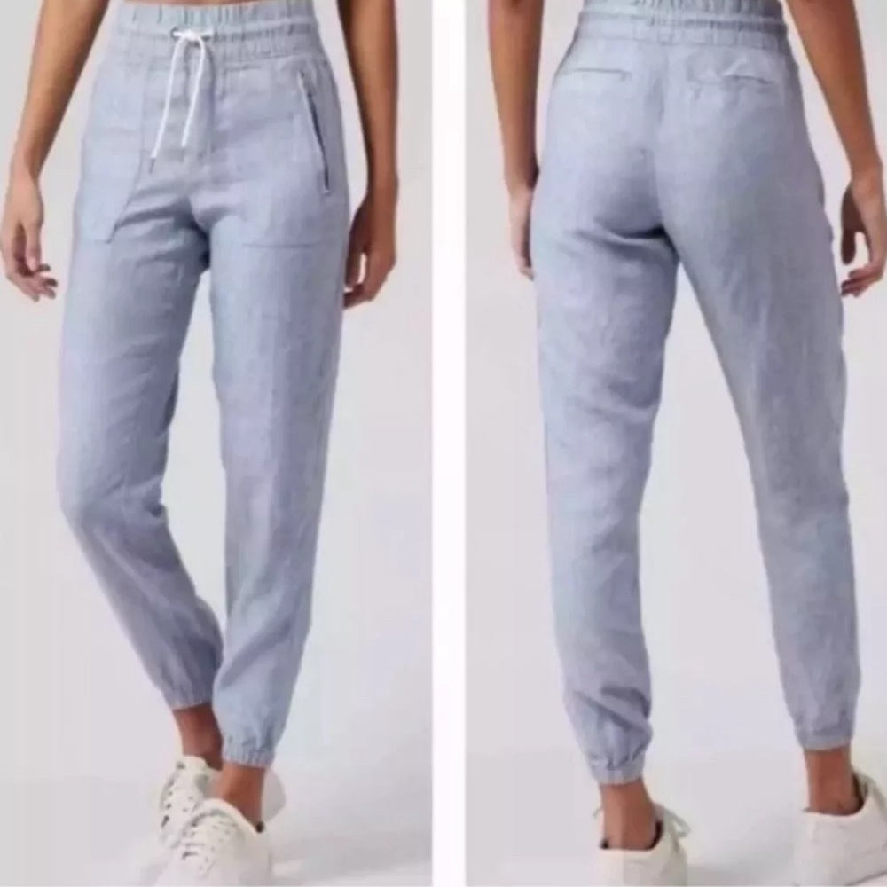 Athleta Cabo Linen Jogger Pants 2 Women’s Chambray Blue Zip pockets